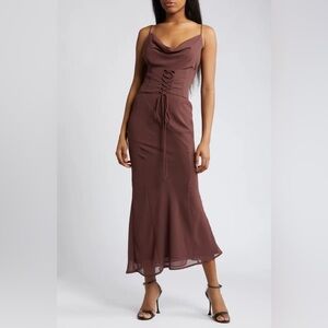 Rare London Cowl Neck Corset Chiffon Cocktail Dress Deep Mauve Lace-Up Small